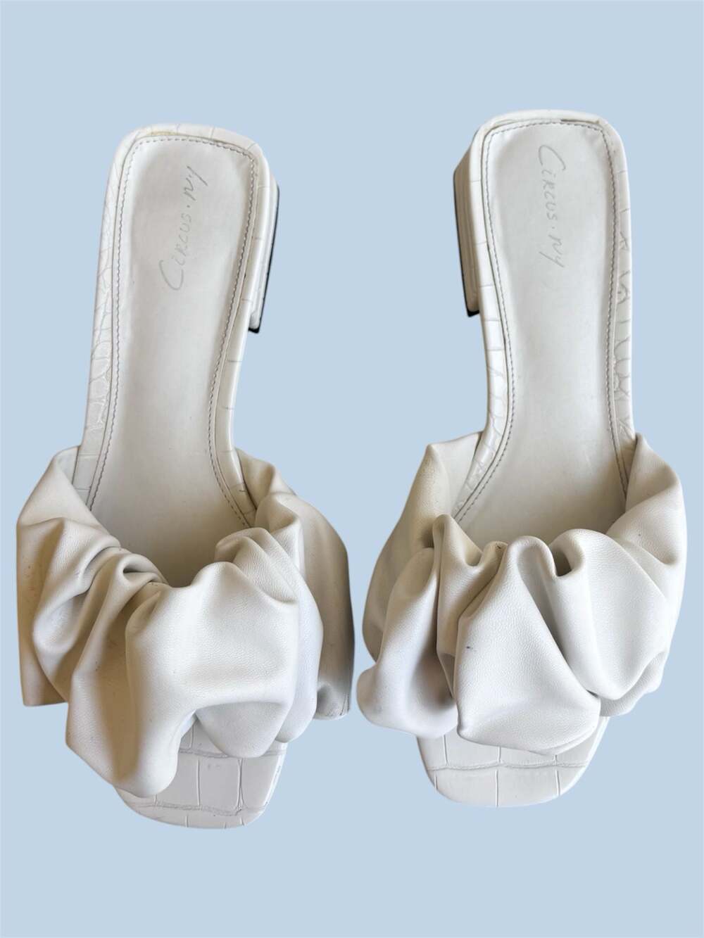 Circus NY Janis White Croc-Embossed Ruffle Heeled Slide Sandals